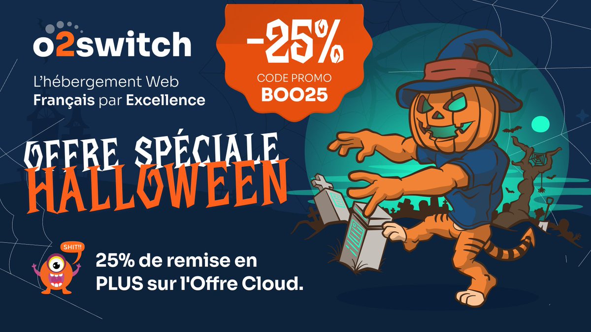 o2switch's tweet image. 👻 Le site o2switch passe en mode Halloween !
Citrouilles, toiles d’araignée et ambiance web terrifiante🧡

🎁 Profitez de -25% supplémentaires sur la création de votre offre Cloud. avec le code BOO25.
(uniquement à la création)

💻 Découvrez notre relooking monstrueux 👉…