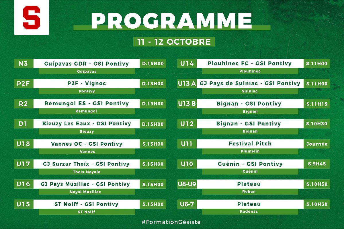 Superstore Pontivy vous annonce le programme du week end ! 

Nos 💚&amp;🤍 se déplaceront sur la pelouse de Guipavas pour décrocher leur passage au prochain tour de Coupe De France 🏆

#KitArGward💚🤍