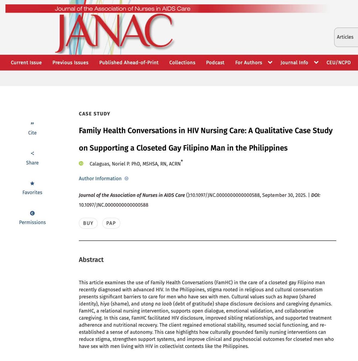 Proud to share my 24th article (<a href="/ANACJournal/">JANAC</a>): a case study on how Family Health Conversations supported a closeted gay Filipino man newly diagnosed w/ HIV. It fills a gap in showing how Sikolohiyang Pilipino shapes care, family support, and healing. 🌈
#HIVNursing #NurseLedCare