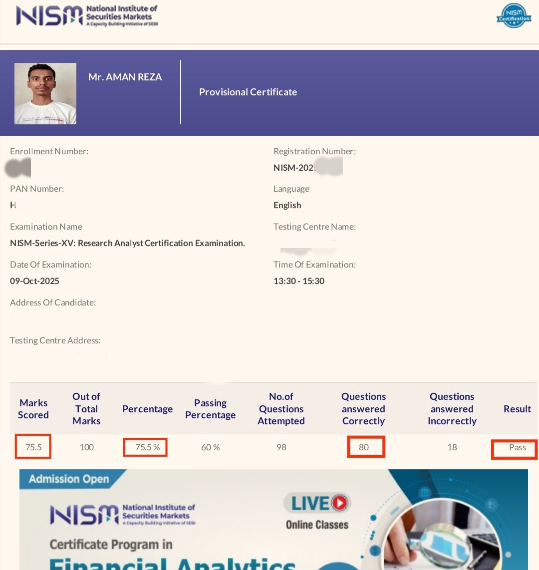 AmnGrow3978's tweet image. ✅ Cleared the NISM Series XV – Research Analyst Exam!
A solid step toward mastering financial markets, equity research &amp;amp; valuation.
#NISM #Finance #ResearchAnalyst #StockMarket #investing #money