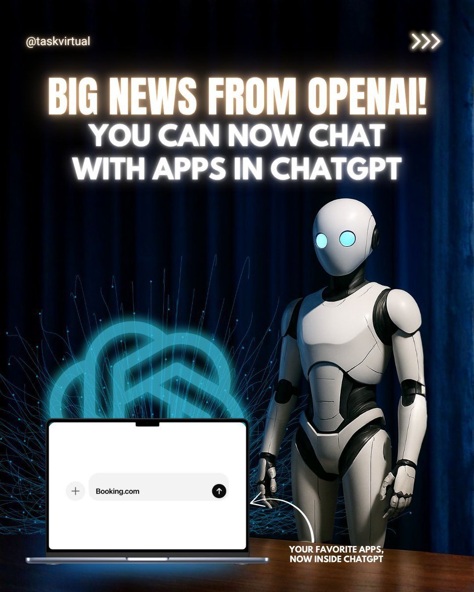 TaskVirtual's tweet image. 🚨 BIG NEWS: You can now chat with apps in ChatGPT!
Pair this with a Virtual Assistant from TaskVirtual, and you’ve got the ultimate productivity powerhouse.
Would you use this feature? 👀
#VirtualAssistant #BusinessGrowth #AI