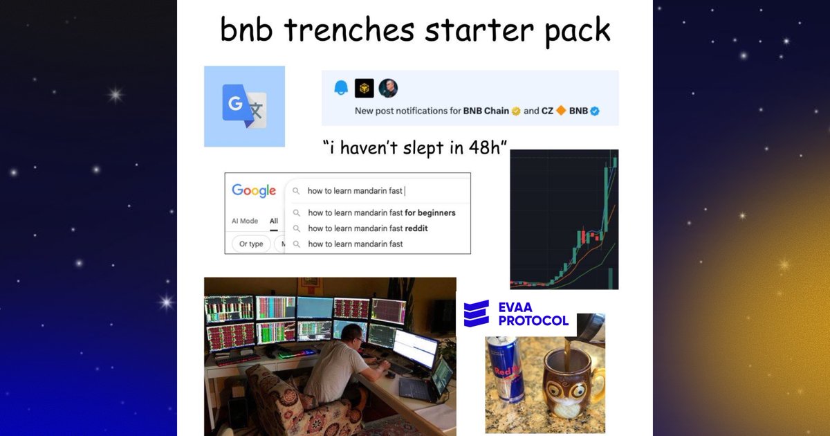 evaaprotocol's tweet image. Did you see what happened to $BNB 🔶 memes today? 

$EVAA is the one holding the trenches right now ⚔️

By now, your starter packs should have a similar look.