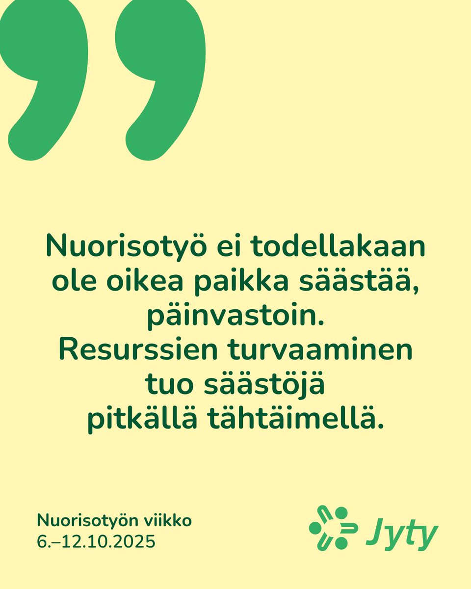💚 "Ilman nuorisotyöntekijöitä kaikilla nuorilla ei välttämättä olisi turvallista aikuista elämässä."

<a href="/VoimaJonna/">Jonna Voima</a>: #Nuorisotyö ei ole oikea paikka säästää. Resurssien turvaaminen tuo säästöjä pitkällä tähtäimellä.

👉 Lue lisää: jyty-lehti.fi/tyoelama/ammat…

#jyty #nuorisotyönviikko