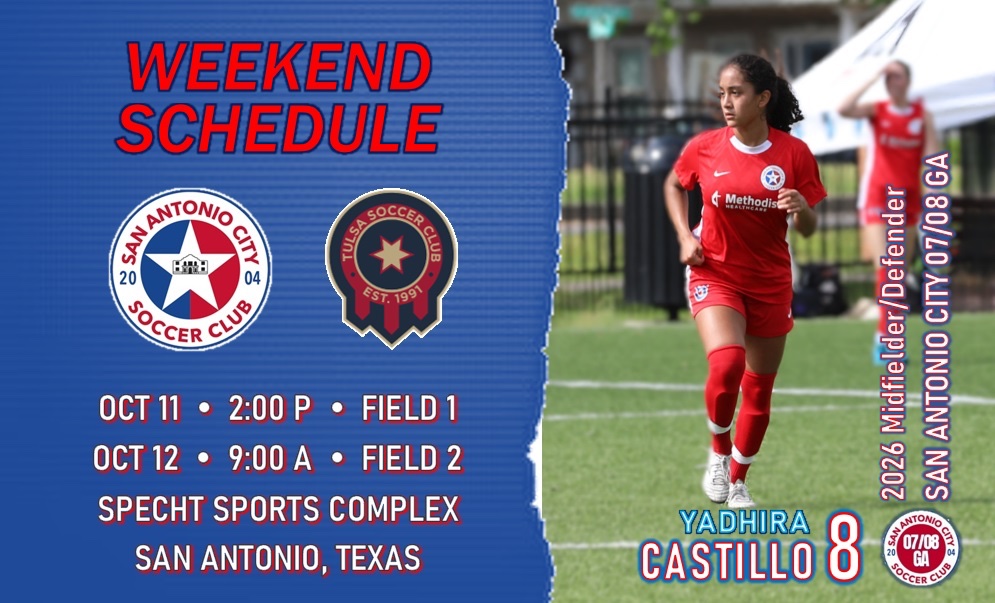 League Matches this weekend:
<a href="/SACity0708GA/">SA City 07/08 GA</a> x Tulsa SC

<a href="/GAcademyLeague/">Girls Academy</a> <a href="/sacitysc/">San Antonio City Soccer Club</a> <a href="/soccerislife621/">Roberto Del Toro (Coach Beto)</a> <a href="/ImYouthSoccer/">ECNL/GA/Recruiting/College Soccer</a> <a href="/6a_28/">SA High School & Club Soccer</a> <a href="/ImCollegeSoccer/">College Soccer Truth ™</a> <a href="/soccer_warren/">Warren Girls Soccer</a> <a href="/PrepSoccerTX/">Prep Soccer Texas</a> <a href="/PrepSoccer/">Prep Soccer ⚽️</a> <a href="/TheSoccerWire/">SoccerWire</a> <a href="/CollegeSoccerID/">College Soccer ID</a> <a href="/jgrimleysoccer/">Jane Grimley-Gunn</a> <a href="/CoachGeorge23/">Coach George</a>