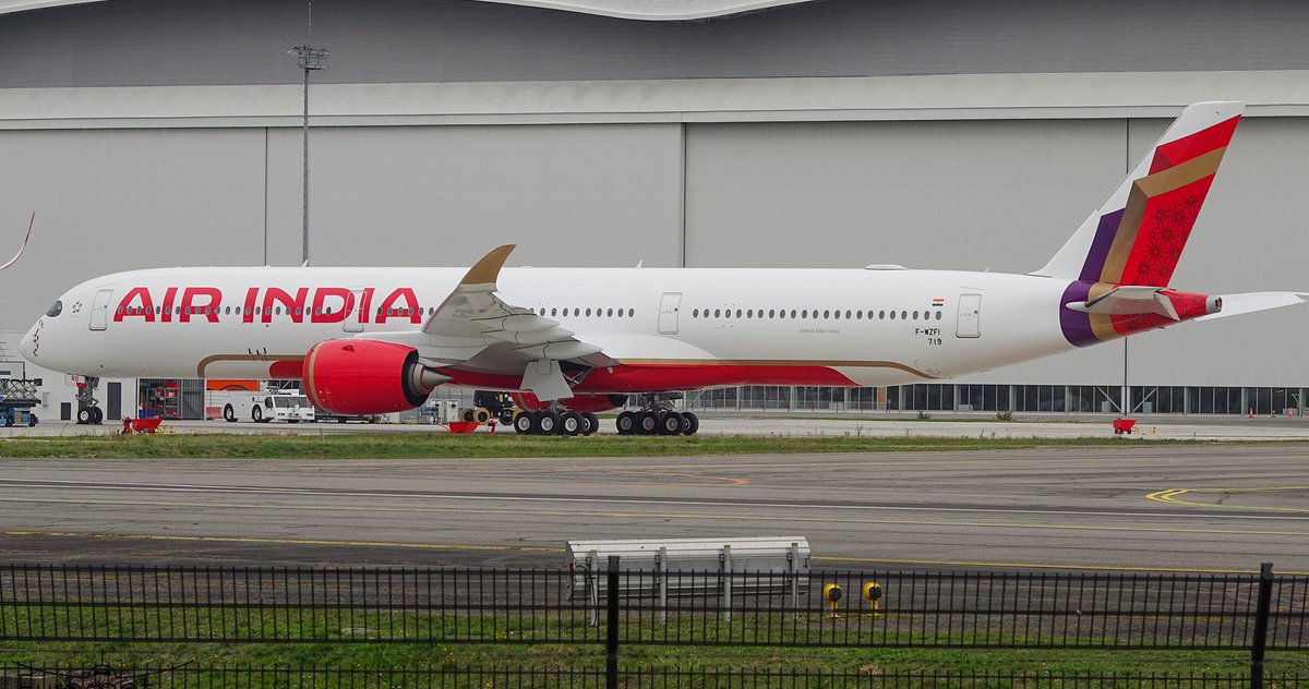 Vinamralongani's tweet photo. Here is the first photo of @airindia's A350-1000 (to be registered VT-JRO) with its engines installed on wing. This is the 1st of 25 such aircraft to be inducted by Air India.
Shot by @cliper31 at the home of @Airbus in Toulouse, this aircraft will be delivered in 2026.
#AvGeek https://t.co/jk0uIbCrk4