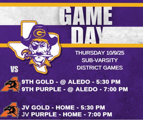 🚨 IT'S SUB-VARSITY DISTRICT GAMEDAY 🚨

📅 Thursday, Oct. 9, 2025 

🏴‍☠️9th Gold/Purple @ Aledo ⏰5:30/7:00 PM 
🎟️aledoisdathletics.com/HTtickets
📍Tim Buchanan Stadium: 1000 Bailey Ranch Rd, Aledo, TX 76008

🏴‍☠️JV Gold/Purple vs Aledo ⏰5:30/7:00 PM  
🎟️granburypirates.com/HTtickets
