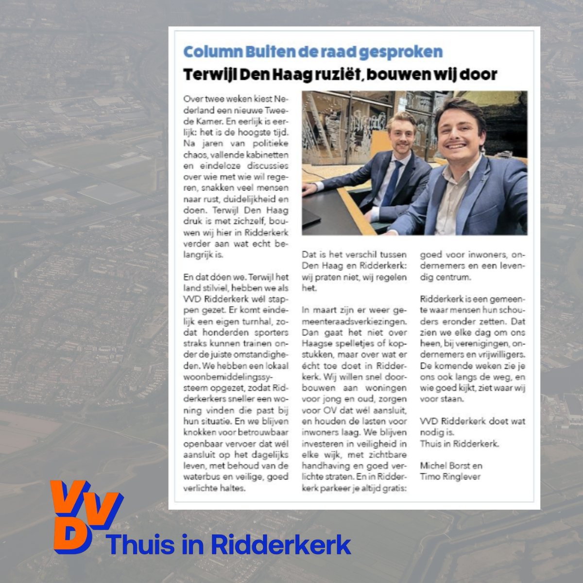 Terwijl Den Haag ruziët, bouwen wij door. In Ridderkerk werken we aan wat echt telt: meer woningen, beter OV, veilige wijken en lage lasten. VVD Ridderkerk doet wat nodig is. Lees onze column hieronder.  #ThuisInRidderkerk