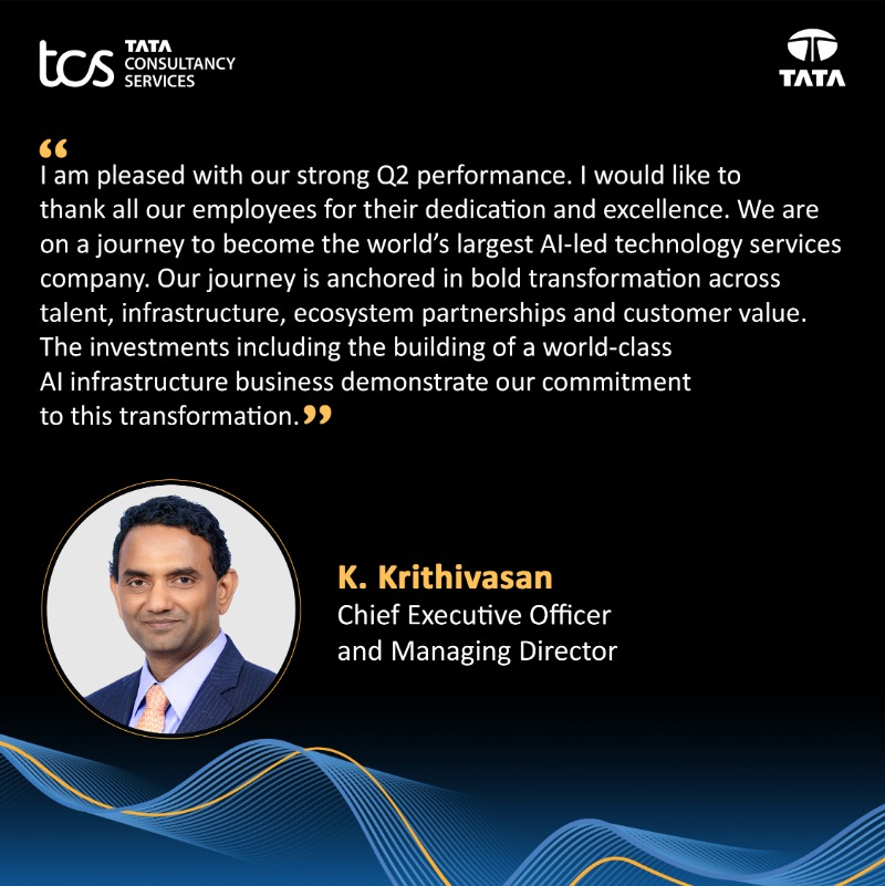 TCS's tweet photo. #TCSQ2 FY26 results are here. Our leaders share their perspectives on the quarter and reaffirm our commitment to long-term strategic goals. For detailed information, refer to the press release.
