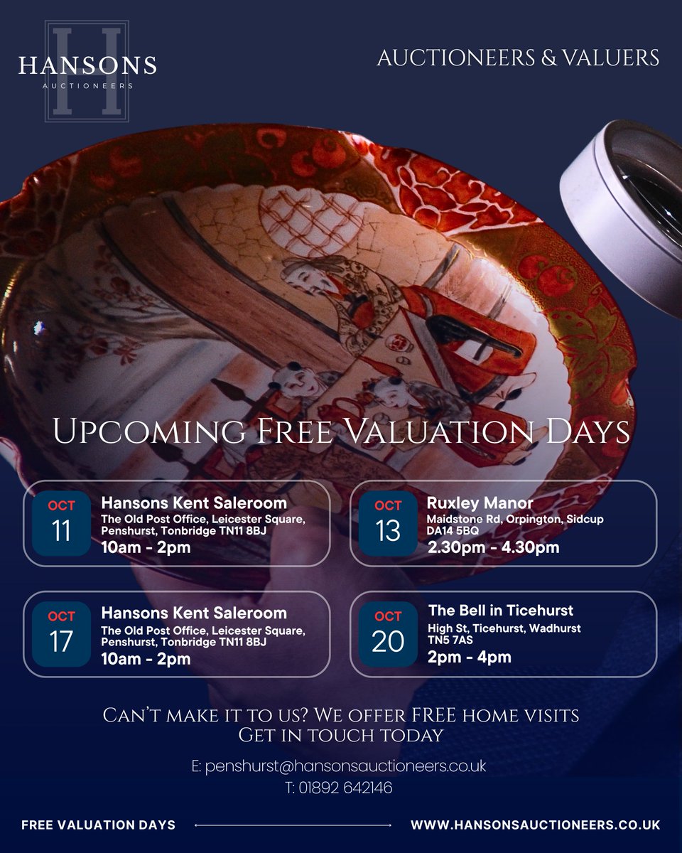💎 Got gold, silver, jewellery, watches or antiques?

Join us for FREE valuation days this month across Kent &amp; Sussex 👇
📍 Penshurst | Oct 11 &amp; 17
📍 Ruxley Manor | Oct 13
📍 Ticehurst | Oct 20
🔗 hansonsauctioneers.co.uk
#FreeValuations #HansonsAuctioneers