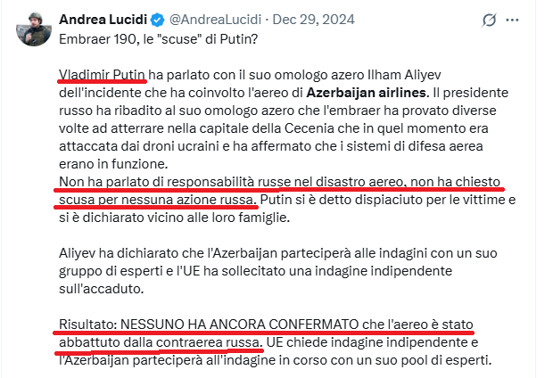 Oggi Putin ha ammesso che il 25 dicembre 2024 l'aereo di linea dell'#AzerbaijanAirlines fu centrato da un missile della contraerea russa per poi schiantarsi in Kazakistan durante l'atterraggio d'emergenza. Tutti avevano capito subito. Tutti, tranne le zoccole del Cremlino.
