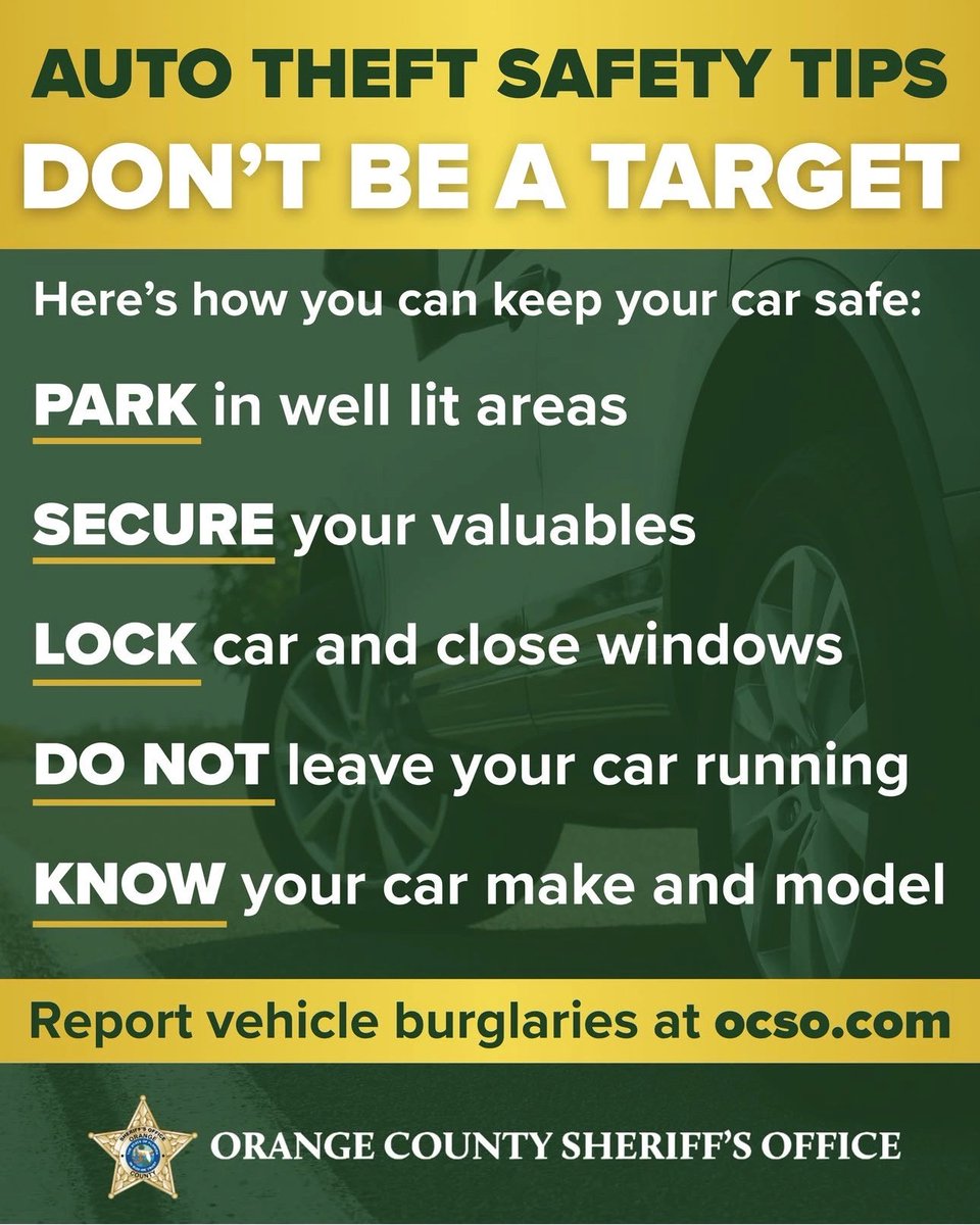 OrangeCoSheriff's tweet image. Car burglaries happen in seconds—don’t give thieves a chance. Always lock your doors and keep your valuables out of sight to keep your ride protected and your belongings safe.” 🔒🚗✨

#LockItUp #StaySafe #CarSafety #PreventTheft #SecureYourRide #SafetyFirst #ProtectYourCar