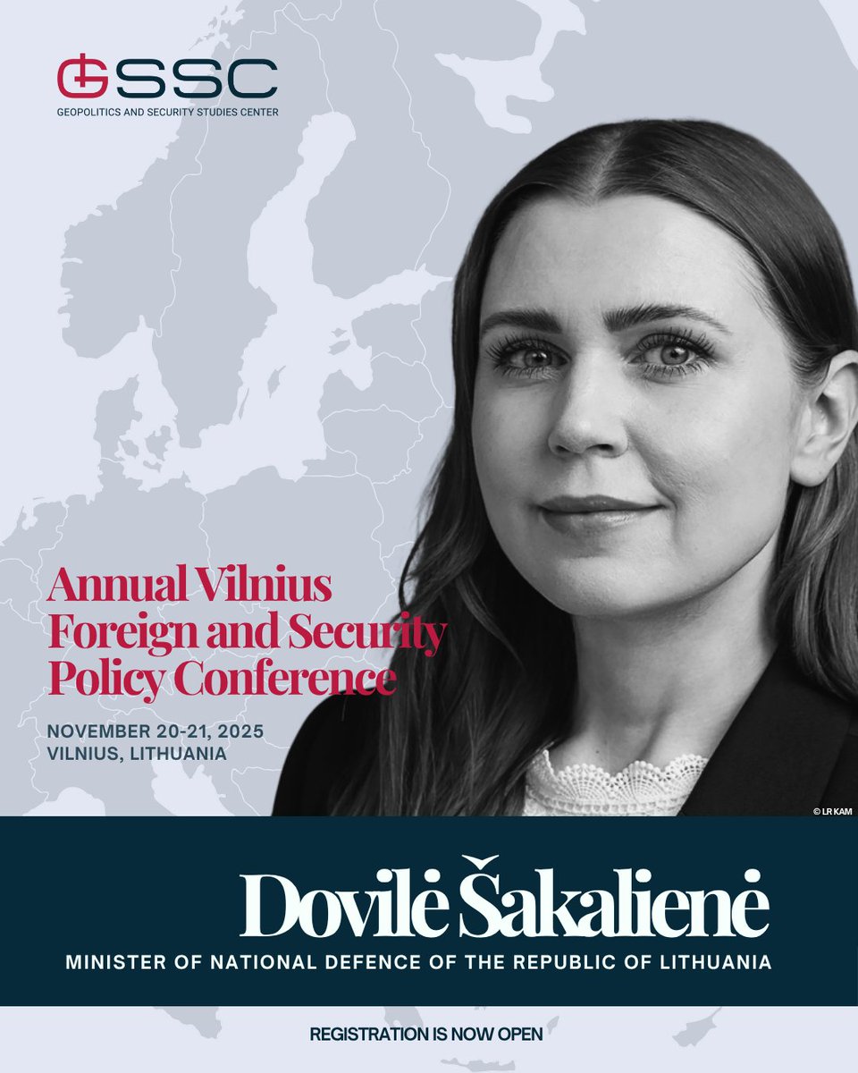 Geopolitics and Security Studies Center (@gssc_lt) on Twitter photo From regional challenges to collective defence 🛡️
<a href="/DSakaliene/">Dovilė Šakalienė</a>, Lithuania’s Minister of National Defence, joins the Annual Vilnius Foreign and Security Policy Conference on November 21.
Stay tuned for more speaker highlights and updates! Register and learn more: From regional challenges to collective defence 🛡️
<a href="/DSakaliene/">Dovilė Šakalienė</a>, Lithuania’s Minister of National Defence, joins the Annual Vilnius Foreign and Security Policy Conference on November 21.
Stay tuned for more speaker highlights and updates! Register and learn more: