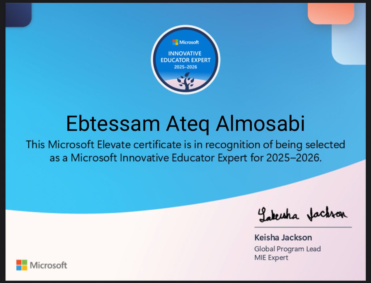 bs07om's tweet image. الحمدلله من قبل ومن بعد ✨

حصلت على شارة وشهادة خبير مايكروسوفت للتعليم لعام 2025-2026

#MIEExpert 
#Microsoft
#innovative_educator_expert 
#بسمهmath