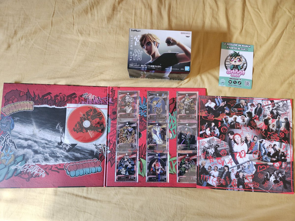 Réception de l'édition collector du cd de la chanson Hugs de Paledusk, le 1er opening de gachiakuta ! Et d'une figurine de Miya atsumu dans sa fameuse pose avant son service ! Merci à <a href="/SUGOISHOPFR/">SUGOI SHOP</a> !!