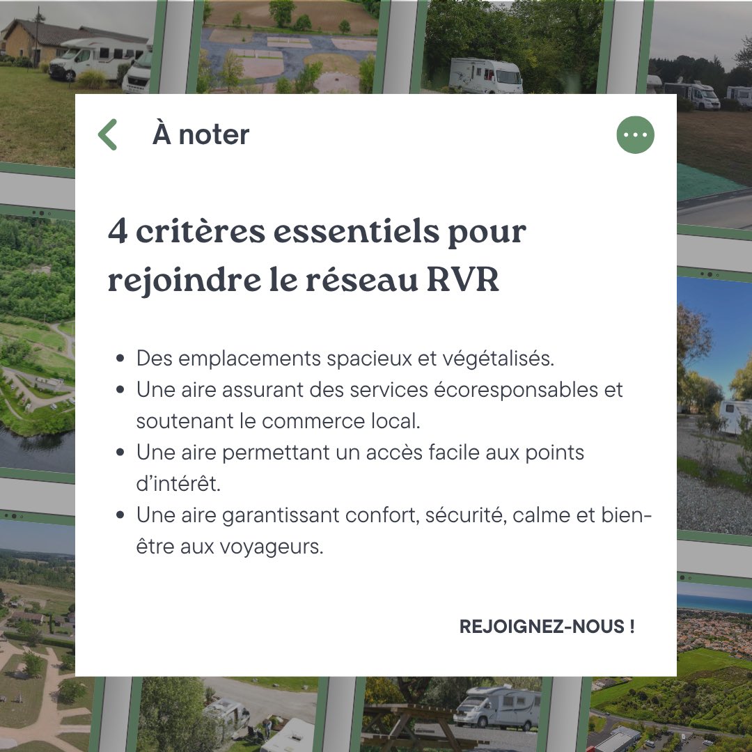 rvr_world's tweet photo. 10 aires qui ont tout pour plaire ! 🌿

Des emplacements spacieux, des services #écoresponsables, un accès facile aux points d’intérêt et un cadre alliant calme, sécurité et bien-être pour les voyageurs… ces critères font toute la différence et font la force du réseau #RVR ! https://t.co/C87pogAriC
