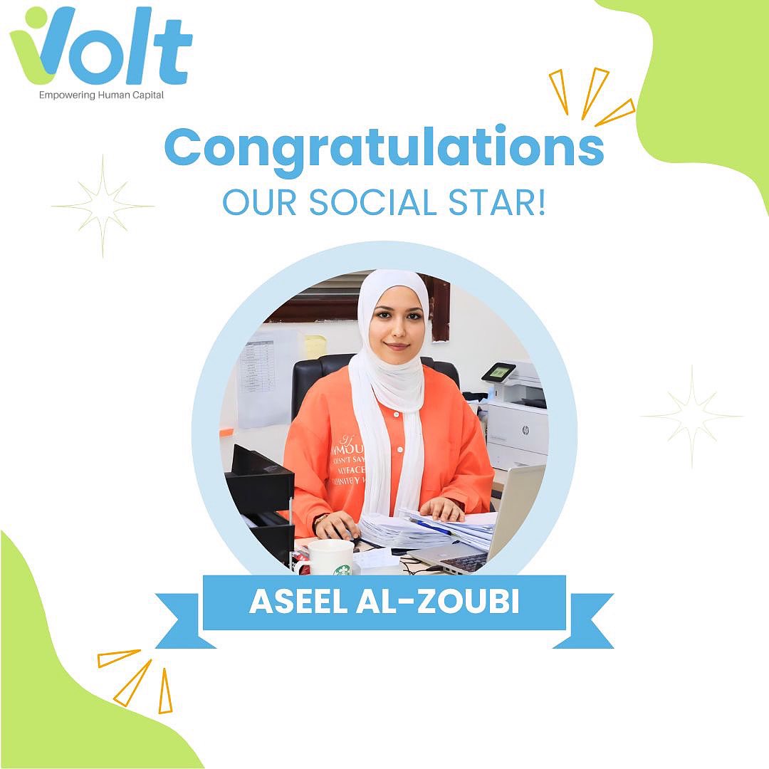 HrmsVolt's tweet image. A Congrats to Aseel Al-Zoubi, our Social Star of the Quarter🌟! Your creativity and dedication shine through every post! 👏✨

#volthrms #employeeofthequarter #hrmanagement #humanresources #payroll  
#SmartHR #إدارة_الموارد_البشرية