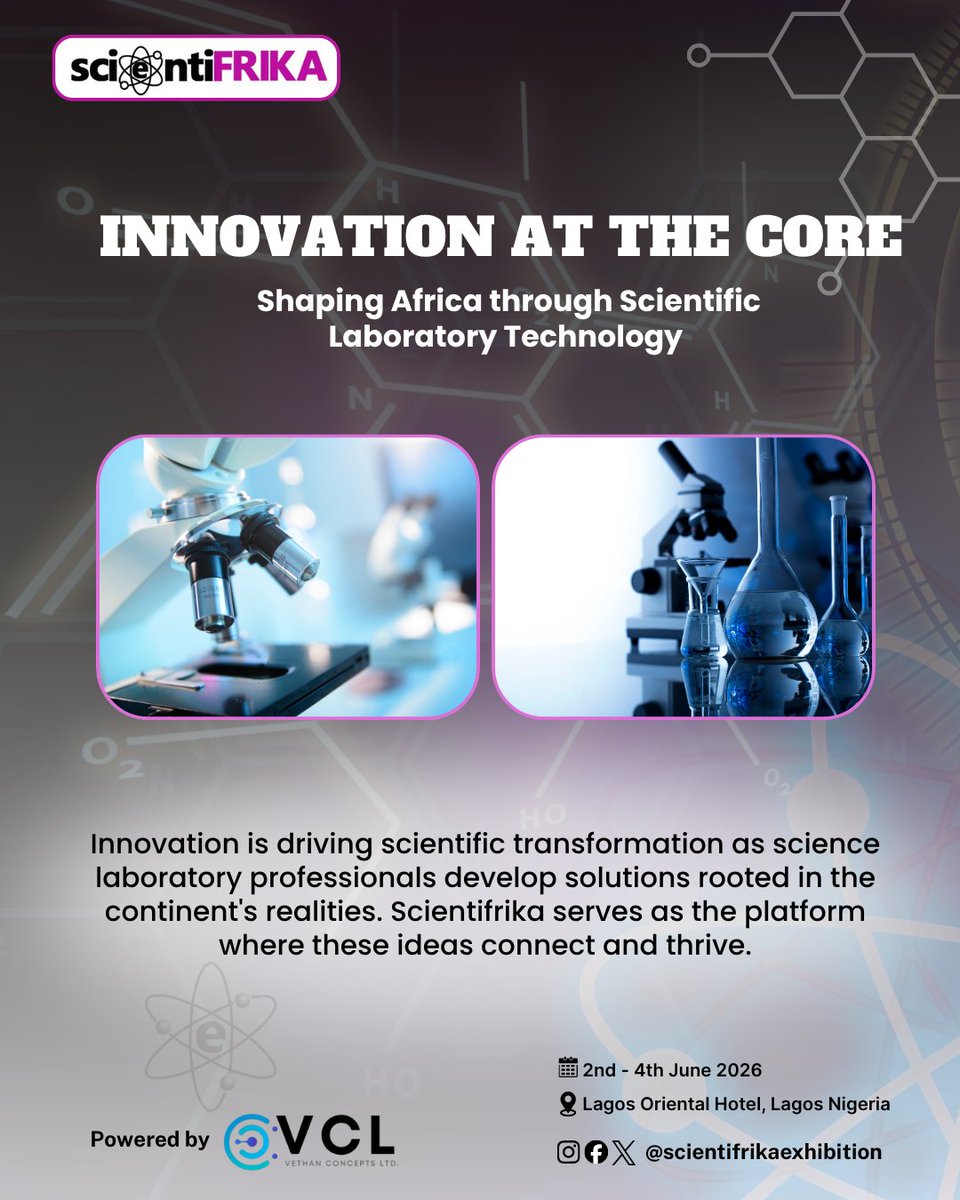 ScientiFrika's tweet image. Innovation at the Core: Shaping Africa through Scientific Laboratory Technology 🔬
🎙️ 50+ visionary speakers
🤝 750+ B2B meetings
🌍 Cross-border collaborations
#scientiFRIKA2026 #InnovationInAfrica #LabTechnology #ScientificGrowth #B2BNetworking #STEMAfrica #AfricaInnovation