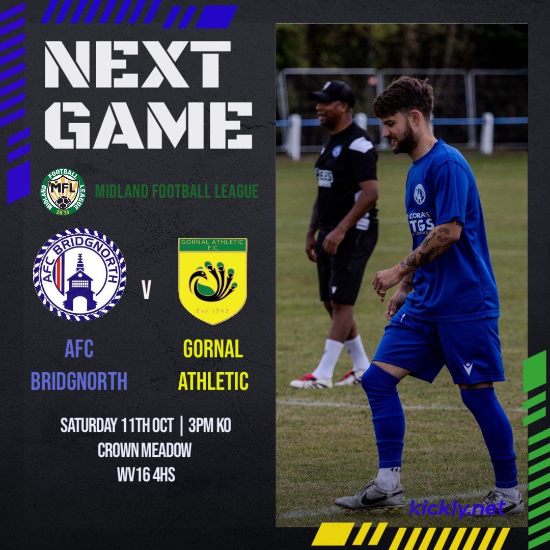 Next Up 🔜 

This weekend we take on Gornal at Home.

Sure to be an entertaining one with a 3-3 draw in the reverse fixture!

📍 Home  |  Crown Meadow, Bridgnorth
🆚 <a href="/GornalAyWe/">Gornal Athletic Football Club</a> 
🕢 3.00pm | Sat 11th Oct
💷 Adults £7  |  Concessions £4
🍻 Bar &amp; ☕ Tea hut open 

#meadowmen