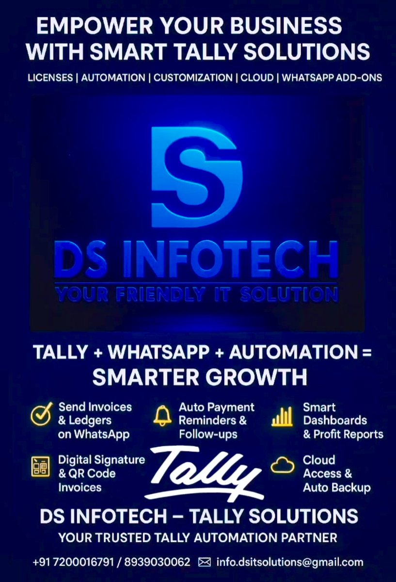 JANESH_DS's tweet image. 🚀 Empower Your Business with Tally Software Solutions
#Tally #TallyPrime #TallyERP9 #TallySolutions #TallyLicense #TallyUpgrade #TallyServices #TallyAddon #TallySoftware
#TallyRenewal #TallyTraining  #TallyCustomization #TallySupport #TallyCourse #DSInfoTechTally #Software