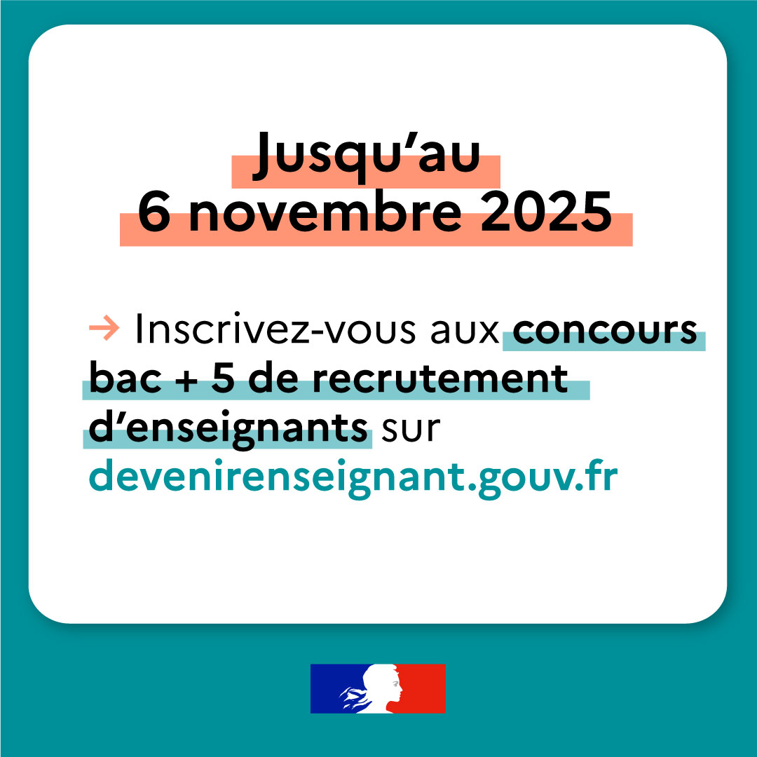 Étudiant ou étudiante en M2 ? Inscrivez-vous pour devenir professeur !
Les  inscriptions aux concours bac + 5 pour devenir professeur des écoles,  de collège ou de lycée ou CPE  sont ouvertes jusqu’au au 6 novembre.
Pour en savoir plus 👉devenirenseignant.gouv.fr