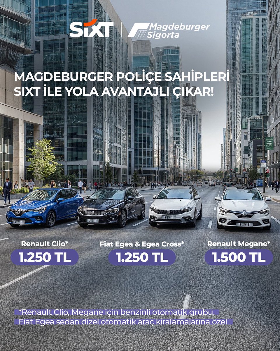 Magdeburger poliçe sahipleri Sixt ile yola avantajlı çıkar!

✅ Fiat Egea sedan dizel otomatik ve Egea Cross araç kiralamalarına özel 1.250 TL.
✅ Renault Clio benzinli otomatik grubu 1.250 TL.
✅ Renault Megane benzinli otomatik grubu 1.500 TL.

📍 Kampanyamız, Van hariç tüm