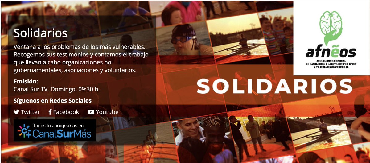 Ayto. de Estepa (@aytodeestepa) on Twitter photo LA ASOCIACIÓN AFNEOS EN CANAL SUR TV
La asociación estepeña AFNEOS será protagonista este domingo en el espacio de televisión "Solidarios" de CanalSur Radio y Televisión
No te lo pierdas este Domingo 12 de Octubre a las 9.30 de la mañana en Canal Sur.
<a href="/canalsur/">CanalSur</a> LA ASOCIACIÓN AFNEOS EN CANAL SUR TV
La asociación estepeña AFNEOS será protagonista este domingo en el espacio de televisión "Solidarios" de CanalSur Radio y Televisión
No te lo pierdas este Domingo 12 de Octubre a las 9.30 de la mañana en Canal Sur.
<a href="/canalsur/">CanalSur</a>