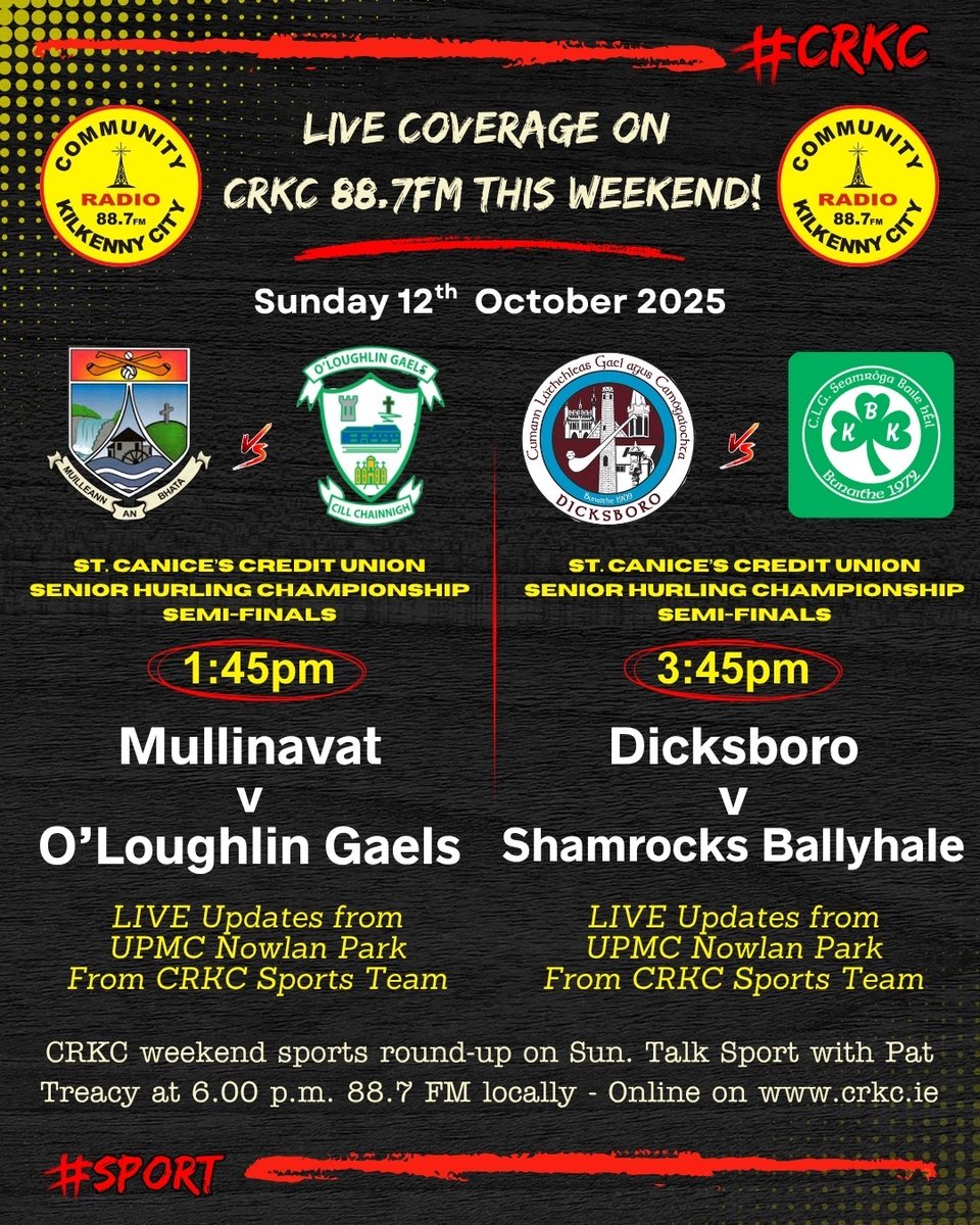 Join CRKC Sport for LIVE Updates from the St. Canice's Credit Union Senior  Hurling Semi-Finals - in UPMC Nowlan Park on this Sun. afternoon <a href="/CRKC1/">CRKC 88.7FM</a> <a href="/crkcsport/">CRKC Sport 📻</a> <a href="/treacy_pat/">KCR Sport</a> <a href="/nickeybrennan/">Nickey Brennan</a> <a href="/liam_kor/">Liam Kelly O’Rourke</a> @ciaranNeary <a href="/CiarnMuldowney/">Ciarán Muldowney</a> <a href="/ButlersHurleys/">Butlers Hurleys</a>