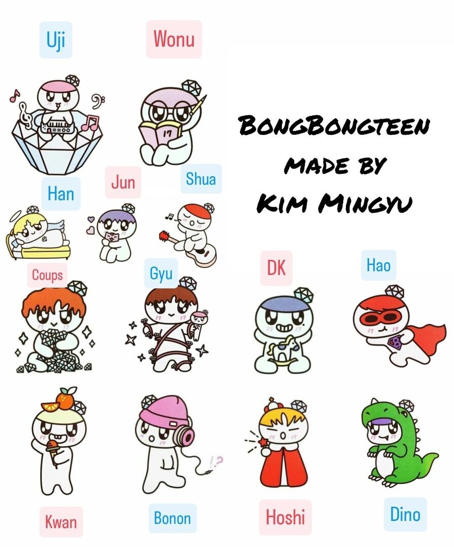 caratstalk's tweet image. [17s] 6 tahun sebelum miniteen dilahirkan, Mingyu pernah ngedesain BongBongteen yg sesuai sama karakteristik masing2 member di mata Mingyu 😍🥰 Waktu itu Hoshi belum kena virus horanghae, dia masih versi wangjanim 🤣