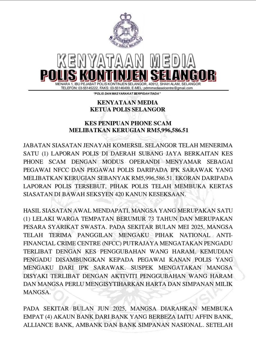 redzuanNewsMPB's tweet photo. Pesara usia 73 kerugian RM5.9 juta, serah kad ATM selepas terpedaya sindiket penipuan panggilan telefon yang menyamar sebagai pegawai Pusat Pencegahan Jenayah Kewangan Nasional (NFCC) dan pegawai polis. https://t.co/nvmbjwz6K1