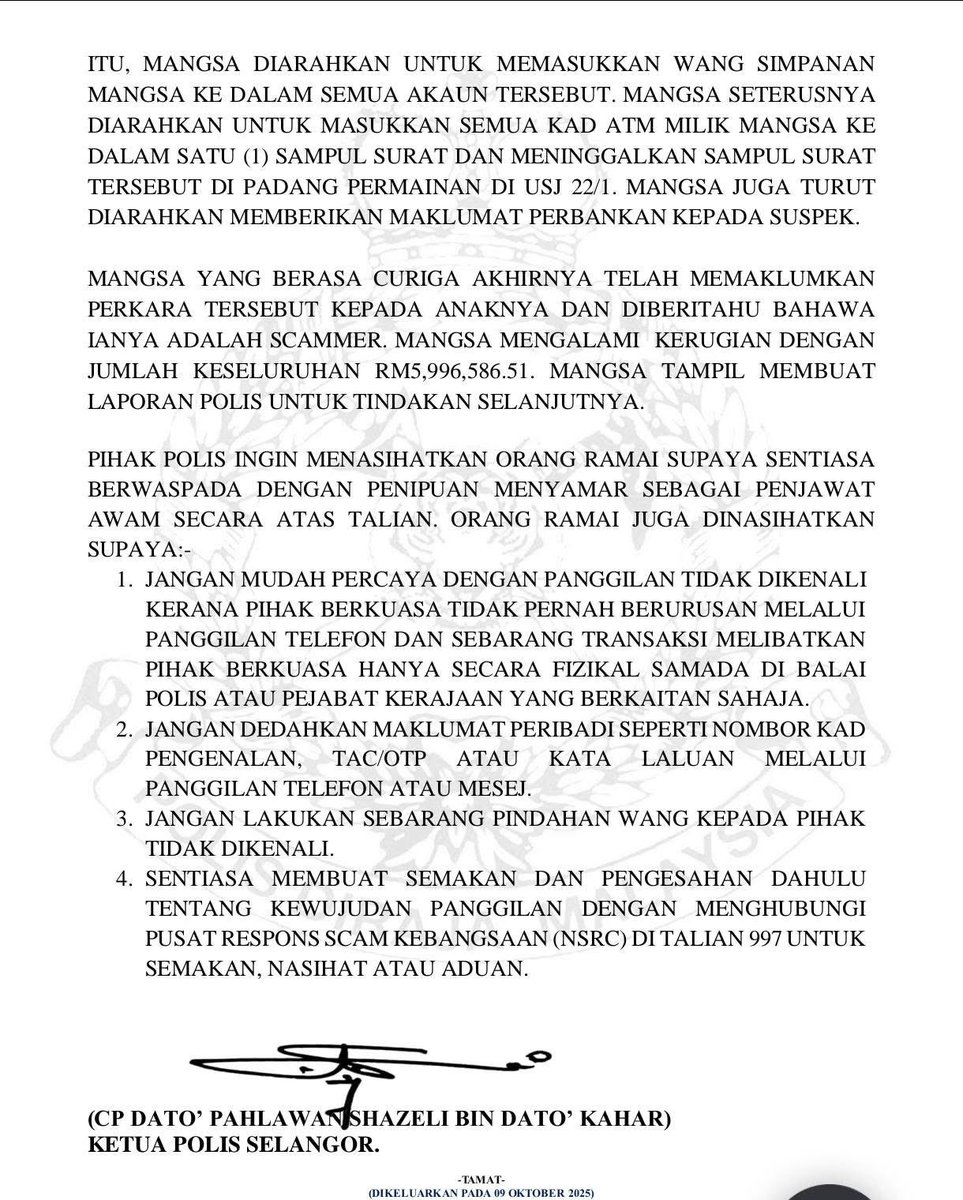 redzuanNewsMPB's tweet photo. Pesara usia 73 kerugian RM5.9 juta, serah kad ATM selepas terpedaya sindiket penipuan panggilan telefon yang menyamar sebagai pegawai Pusat Pencegahan Jenayah Kewangan Nasional (NFCC) dan pegawai polis. https://t.co/nvmbjwz6K1