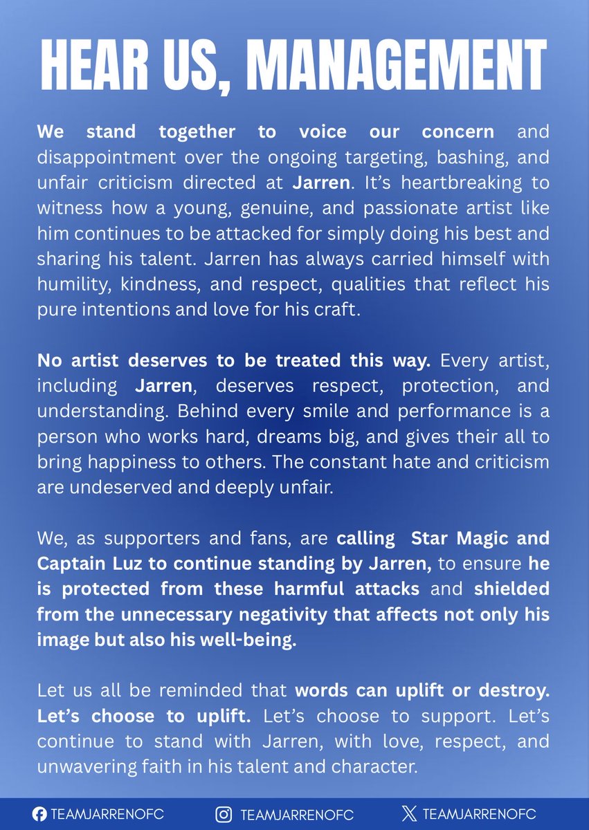 TEAM JARREN OFFICIAL π¬π§ (@teamjarrenofc) on Twitter photo ππππ ππ, ππππππππππ
We speak up because silence is no longer an option.
The continuous hate and negativity have gone too far. Itβs time to take action and protect whatβs genuine.
We stand for respect, fairness, and a healthy environment for everyone. ππππ ππ, ππππππππππ
We speak up because silence is no longer an option.
The continuous hate and negativity have gone too far. Itβs time to take action and protect whatβs genuine.
We stand for respect, fairness, and a healthy environment for everyone.