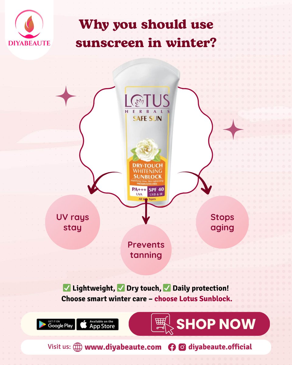 DiyaBeaute's tweet image. Winter Skincare MVP is HERE! 🏆

Just because it's cold doesn't mean the sun's gone on vacation! Protect your skin from tanning and aging with our top-selling sunblock.

#LotusSunscreen #SPF40 #WinterBeauty #SkincareMustHave #DailyProtection #DiyaBeaute
