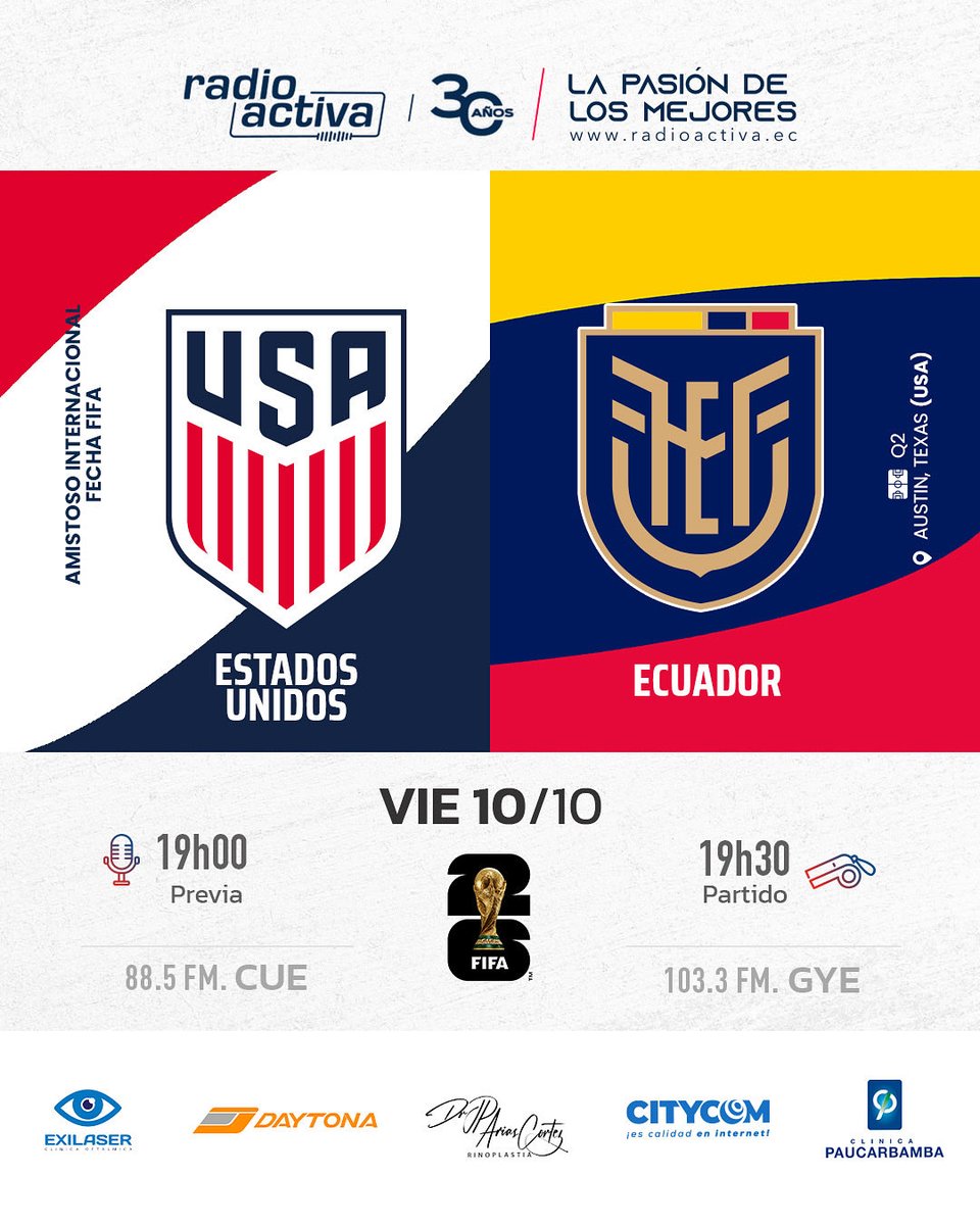 🎙️Empieza la recta final para la Copa Mundial 2026 🏆

🎤 Este viernes no te pierdas el partido #EEUU 🇺🇸 🆚 #Ecuador 🇪🇨 junto a nuestro equipo deportivo, que te contará todos los detalles del camino de “La Tri” rumbo a una nueva cita ecuménica 🏟️🔝 

¡Somos fútbol, somos