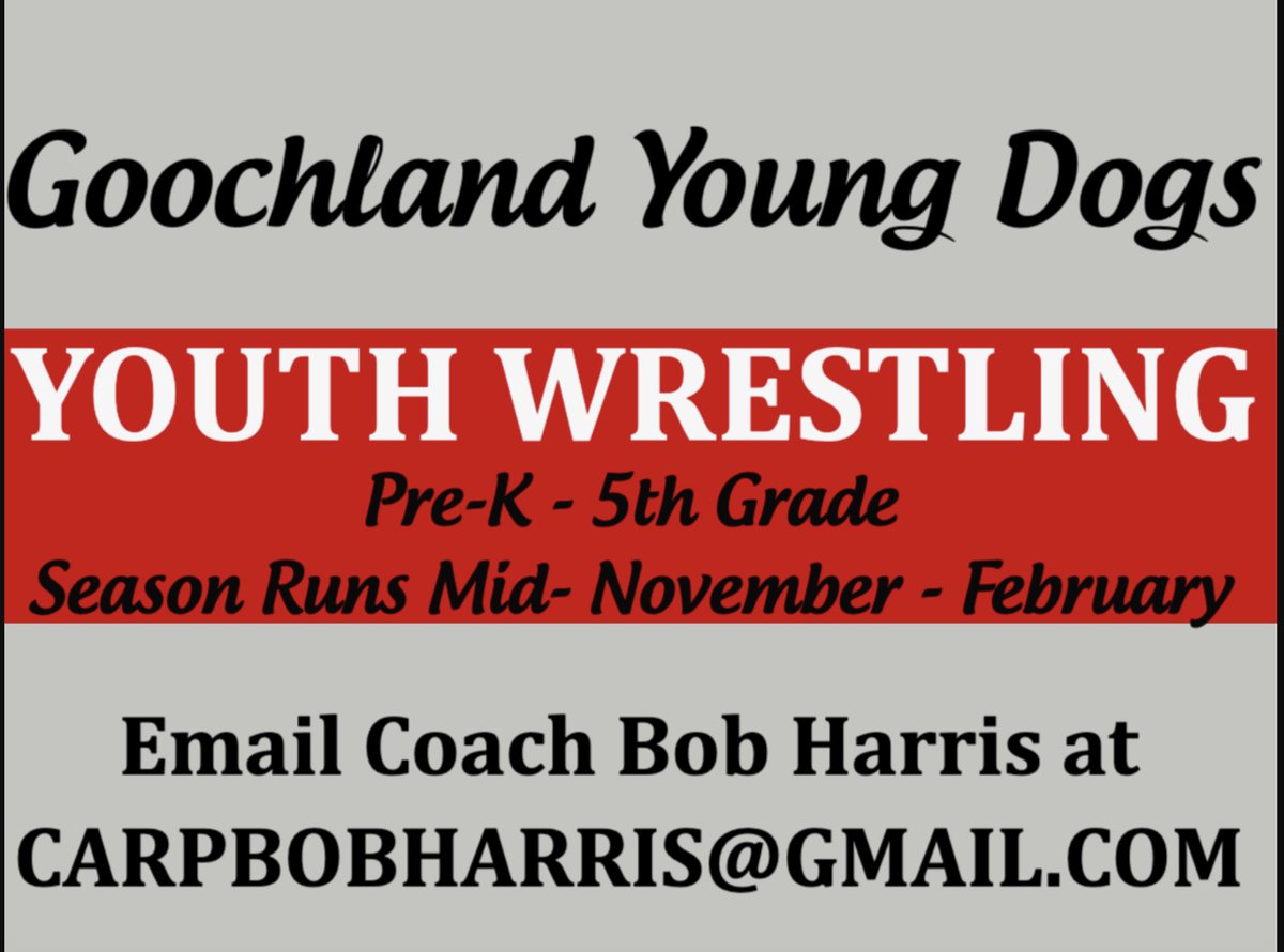 Hey <a href="/GESOtterFam/">Goochland Elementary</a> , <a href="/weRrandolph/">Randolph Elementary</a>, and <a href="/EaglesBes/">Byrd Eagles</a> - We're hoping you can re-post this for us (thank you!!!)  YOUTH WRESTLING is entering its 2nd season in Goochland.  Parents - reach out to Coach Bob (Harris) to sign up/ask questions.