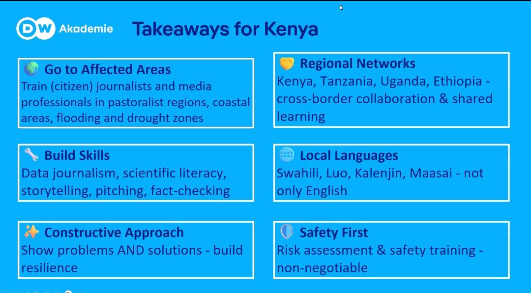 Takeaways for Kemya on Climate change Journalism.

Deborah Urban-DW AkademieFootprint.Climate Change journalism

<a href="/kipdemas/">Demas Kiprono</a> 
<a href="/ICJKenya/">ICJ Kenya</a>
<a href="/CCommissionKE/">Complaints Commission</a>
 <a href="/williamjanak/">william oloo Janak</a>
<a href="/munyinyi_judy/">Judy Munyinyi</a>
<a href="/KCA_KENYA/">KenyaCorrespondents</a>
#MediaAtCrossroadsDWA2025