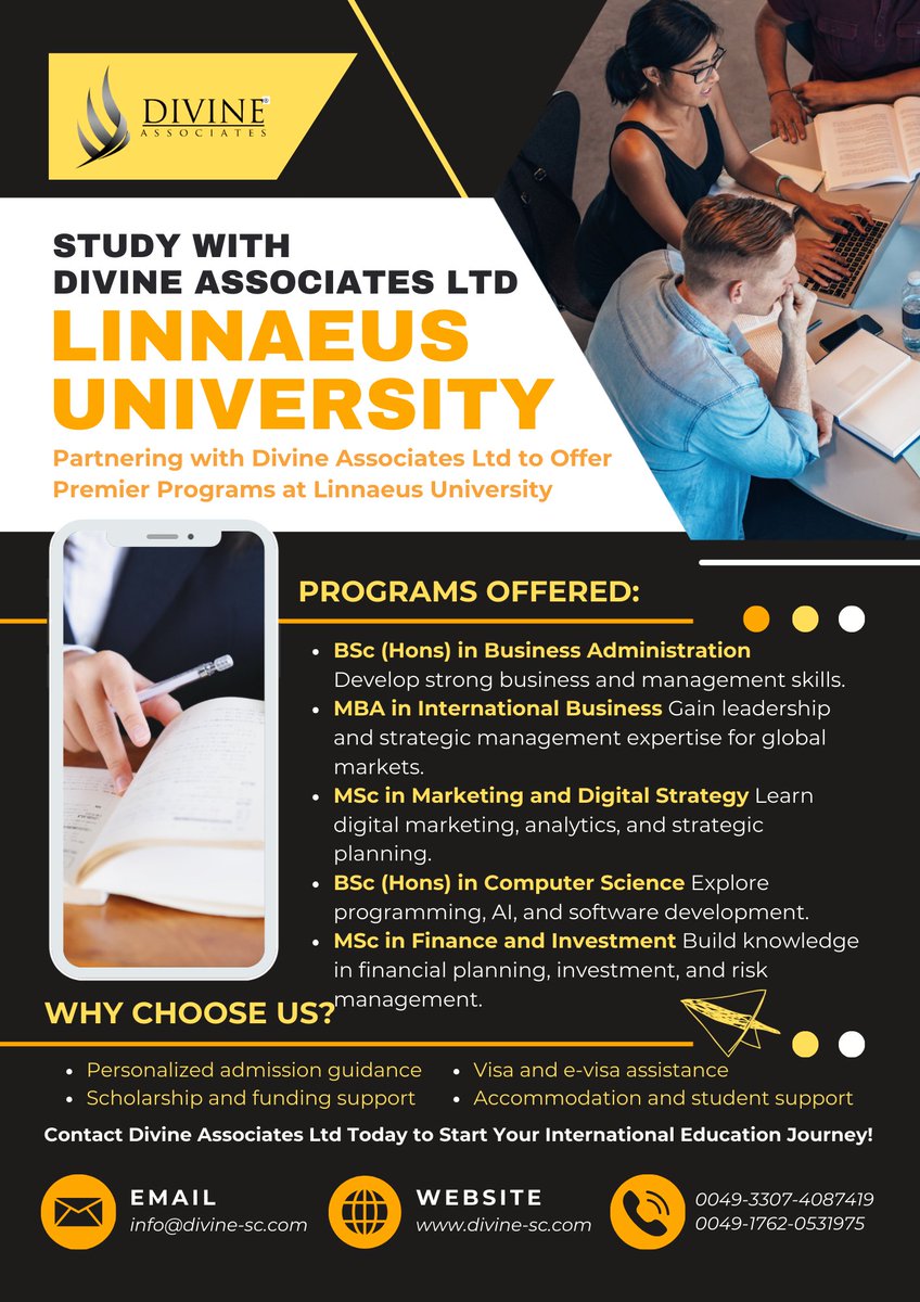 DivineAssociat's tweet image. Shape your future in Business, Marketing, IT &amp;amp; Finance at Linnaeus University with Divine Associates Ltd.
#DivineAssociatesLtd #StudyInSweden #GlobalEducation #CareerGrowth #LinnaeusUniversity