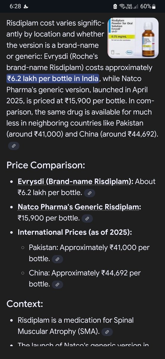 An interesting thing here is Risdiplam bottle in india costs around ₹6.2 Lakh and in pakistan only ₹41000, that's a big joke 😳 but <a href="/NATCOPharmaLtd/">NATCO Pharma Ltd</a> also played big with <a href="/Roche/">Roche</a> by slashing price about 97% 😂
Ab Khelo😂
Indian pharma companies will destroy MNCs😂
#Risdiplam