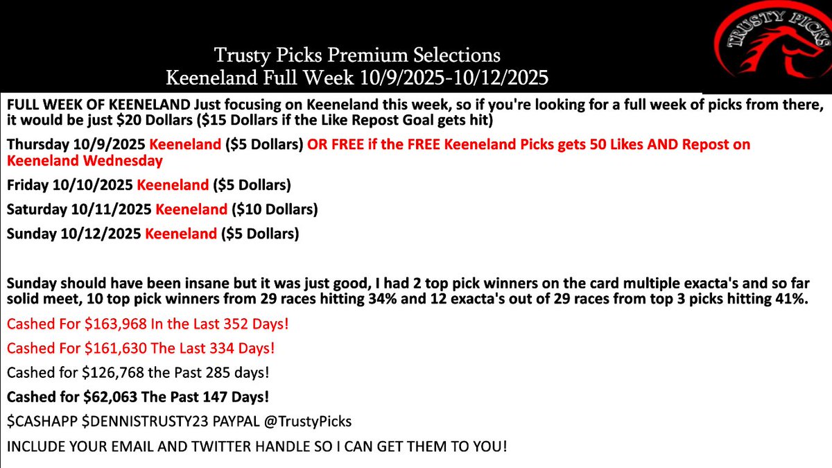 Premium Picks for Keeneland this fine Thursday, I will say for 85% of the day I didn't do much yesterday but I did hit the last race exacta, so that helped out. If you want picks for today at Keeneland look down below!! Members only $5 today $20 for the week!