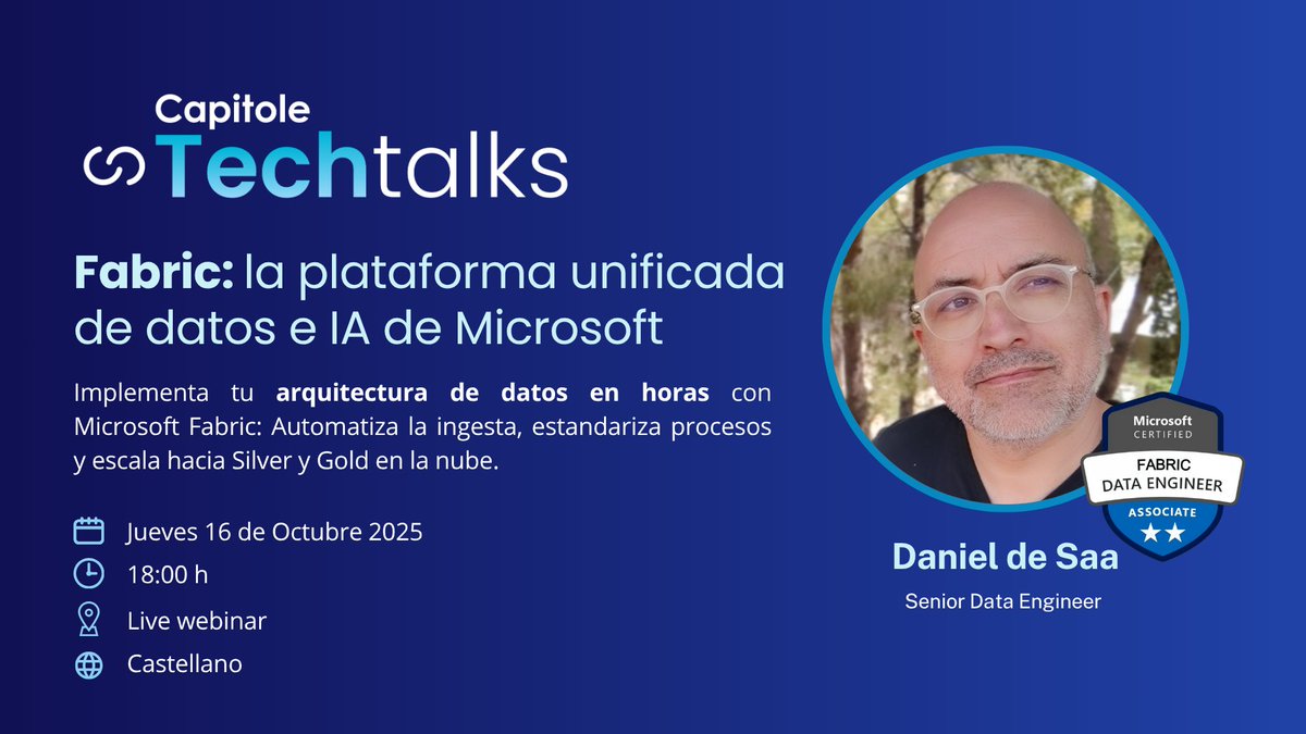 Capitole_Tech's tweet image. ¿Pipelines lentos? ¿Ingestas manuales eternas?
En esta charla verás cómo Microsoft Fabric lo simplifica todo.
🗓️ 16/10 · 18:00h · Online · Gratis
🔗bit.ly/3VWTnBa