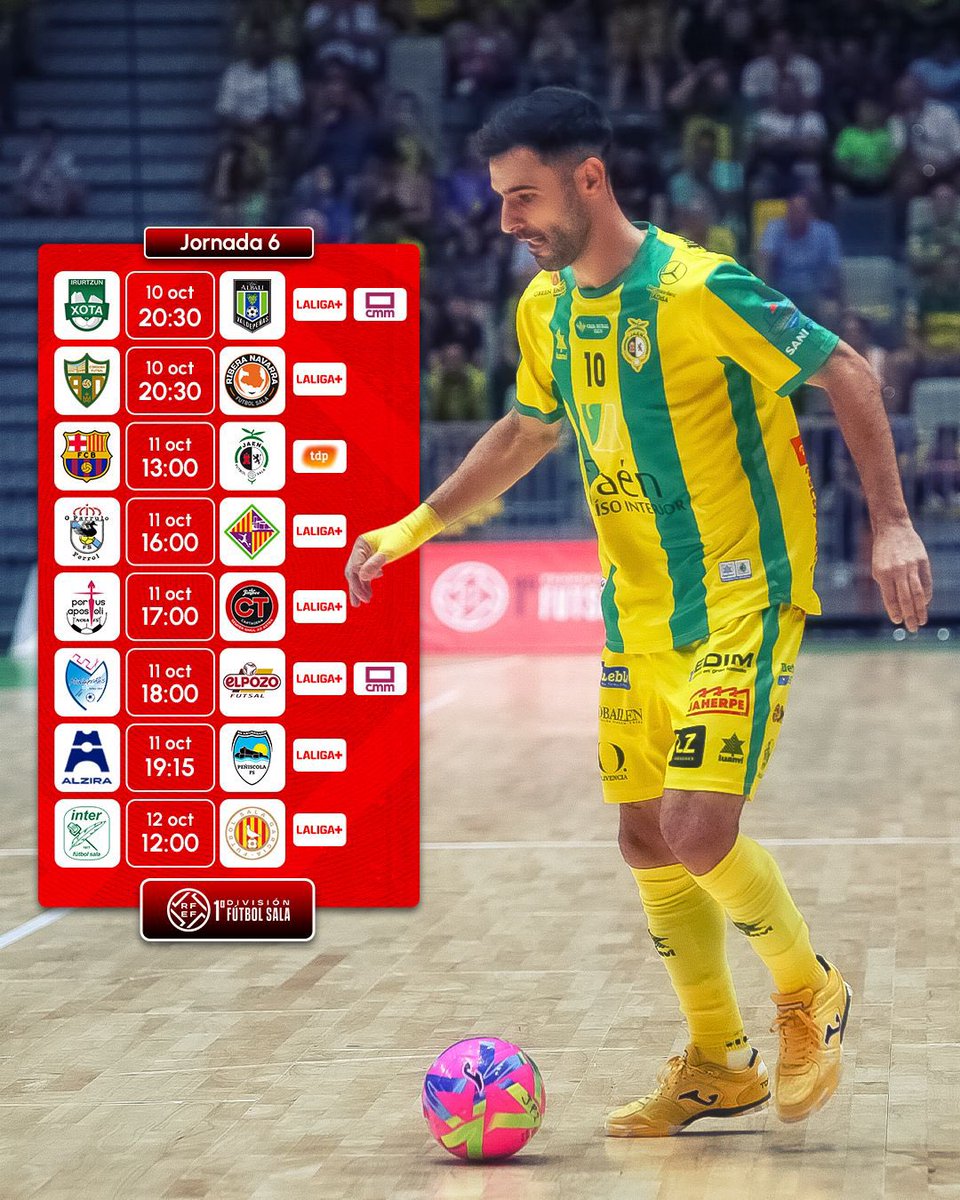 Futsal RFEF (@futsalrfef) on Twitter photo ⏰ 𝐇𝐨𝐫𝐚𝐫𝐢𝐨𝐬 𝐉𝐨𝐫𝐧𝐚𝐝𝐚 6️⃣ | #PrimeraDivisiónFS.
📆 Mañana, los dos primeros encuentros a partir de las 20.30 horas en <a href="/LaLigaPlus/">LALIGA+</a>.
👀 Y el partidazo de la jornada:
🆚 <a href="/FCBfutbolsala/">Barça Futbol Sala</a> - <a href="/JaenFS/">Jaén Paraíso Interior FS</a>.
⏰ Sábado 11, a las 13:00 horas.
📺 <a href="/teledeporte/">Teledeporte</a>.
#FutsalRFEF ⏰ 𝐇𝐨𝐫𝐚𝐫𝐢𝐨𝐬 𝐉𝐨𝐫𝐧𝐚𝐝𝐚 6️⃣ | #PrimeraDivisiónFS.
📆 Mañana, los dos primeros encuentros a partir de las 20.30 horas en <a href="/LaLigaPlus/">LALIGA+</a>.
👀 Y el partidazo de la jornada:
🆚 <a href="/FCBfutbolsala/">Barça Futbol Sala</a> - <a href="/JaenFS/">Jaén Paraíso Interior FS</a>.
⏰ Sábado 11, a las 13:00 horas.
📺 <a href="/teledeporte/">Teledeporte</a>.
#FutsalRFEF