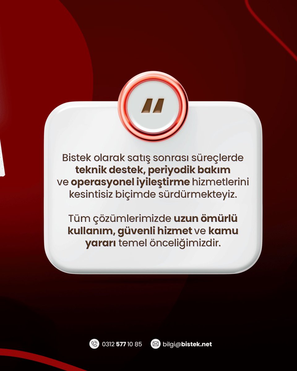 Bistek olarak satış sonrası süreçlerde teknik destek, periyodik bakım ve operasyonel iyileştirme hizmetlerini kesintisiz biçimde sürdürmekteyiz 🙌🏻

Tüm çözümlerimizde uzun ömürlü kullanım, güvenli hizmet ve kamu yararı temel önceliğimizdir 💙