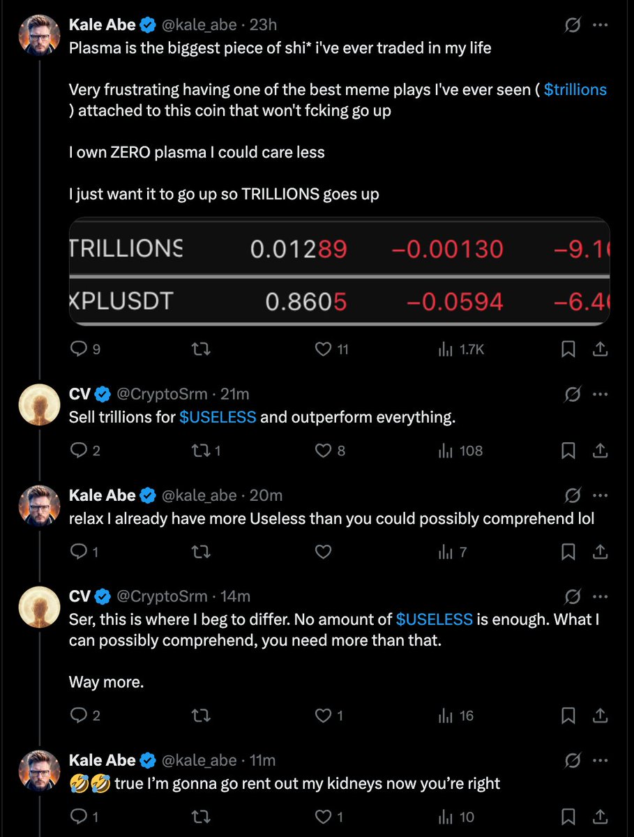 Plasma에 대한 좌절을 표현한 Kale Abe의 트윗 스크린샷과 $USELESS 관련 대화
