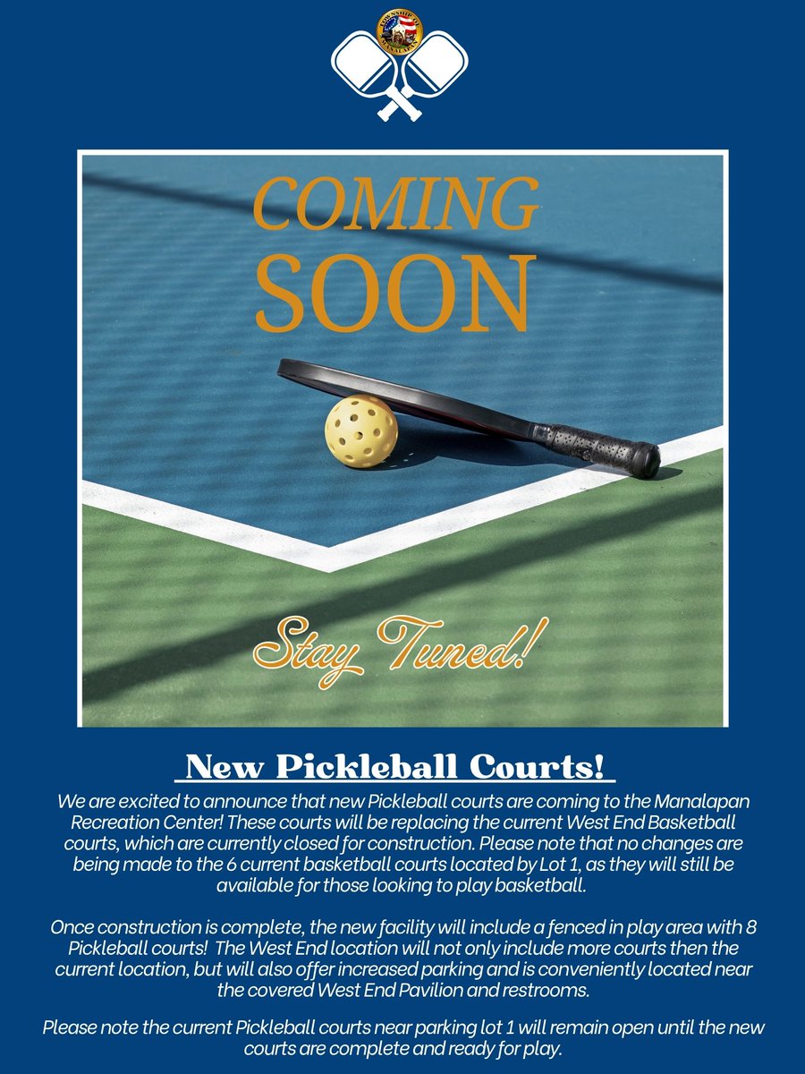 We are excited to announce that new Pickleball courts are coming to the Manalapan Rec! The courts will be replacing the West End Basketball courts, which are closed for construction.  Pickleball courts near parking lot 1 will remain open until the new courts are complete.