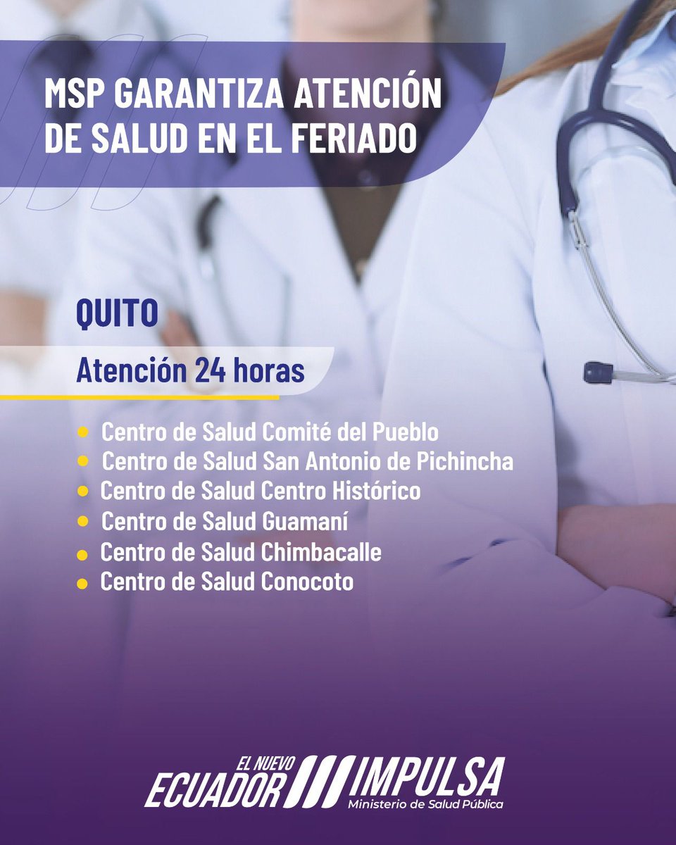 🏥 🚑  Durante el feriado nacional, nuestros hospitales y centros de salud tipo C, así como los servicios de emergencia y atención prehospitalaria, permanecerán operativos las 24 horas del día.

🩺 Garantizamos una atención oportuna, continua y de calidad para todas las personas.