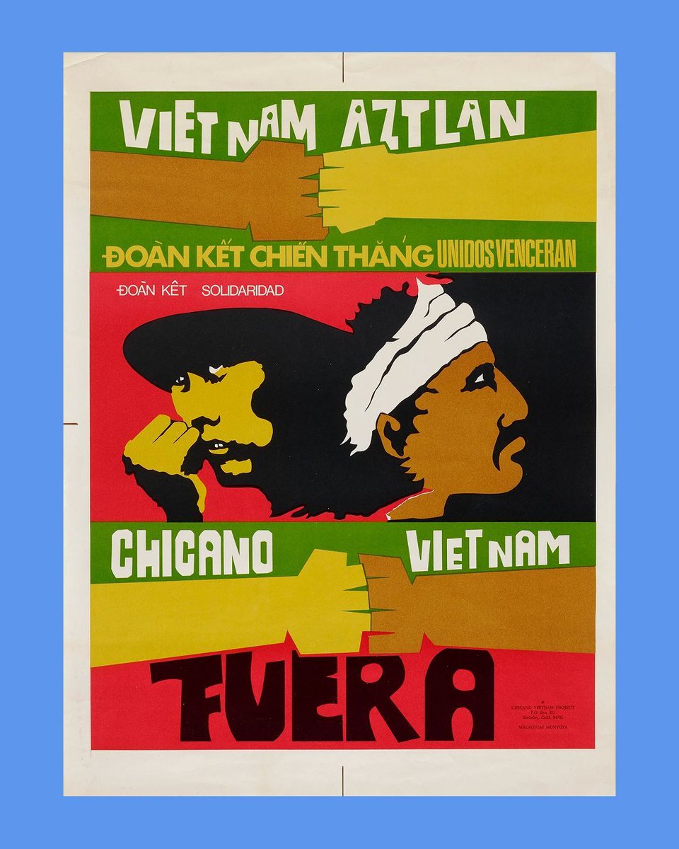 Vietnam Aztlan Chicano: Vietnam Fuera poster by Malaquias Montoya, 1973. archived by caswell.

"…the fist is used slightly differently, it is not raised in the air. Rather, two fists join the Vietnamese people and Chicano people."

#PeoplesGDArchive
#GDHistory