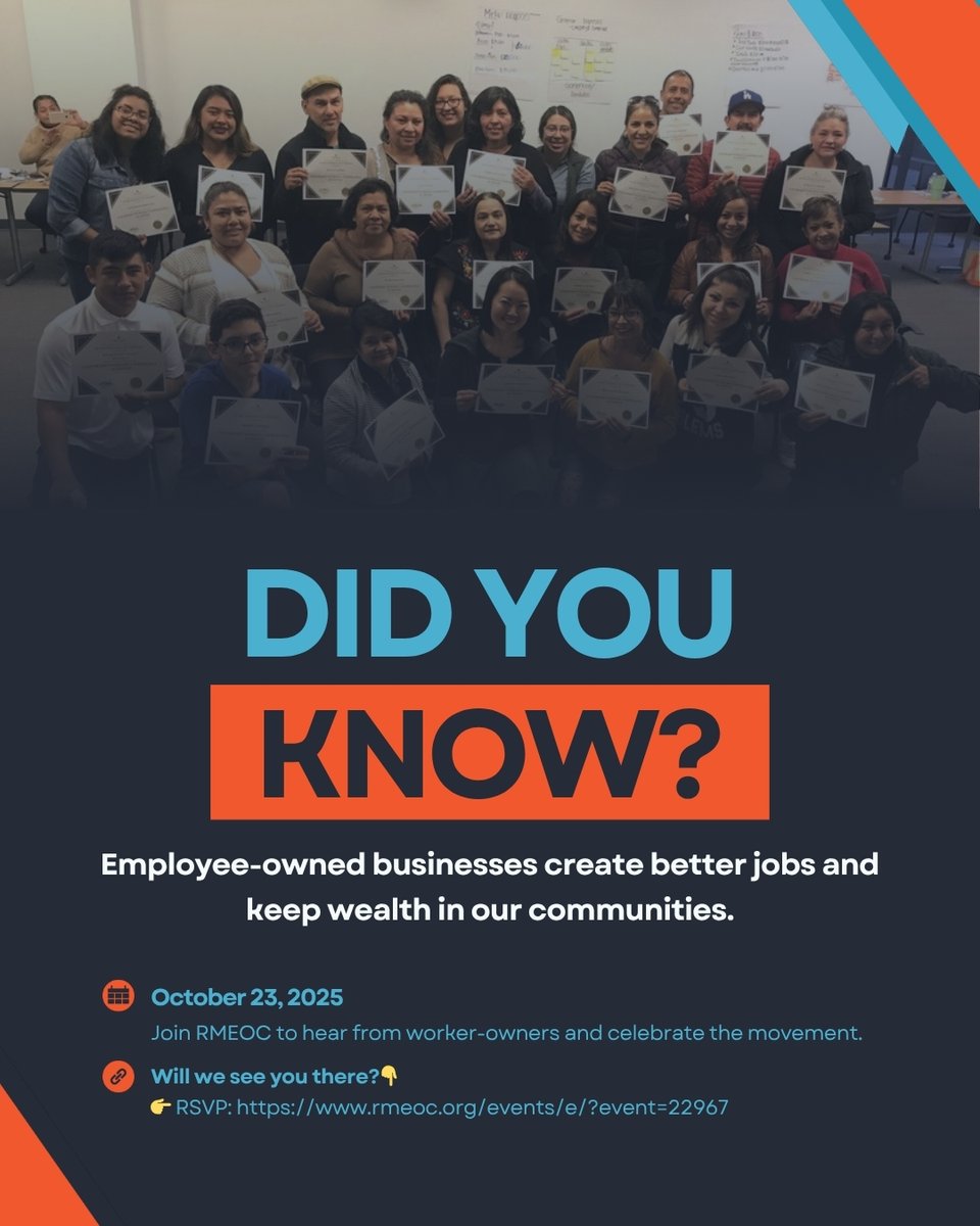 rmeoc_'s tweet image. 🌟 Did you know? Employee-owned businesses create better jobs and keep wealth in our communities.
Join RMEOC on Oct 23 to hear from worker-owners and celebrate the movement!
👉 RSVP: rmeoc.org/events/e/?even…
#EmployeeOwnershipMonth #CoopsBuildCommunity