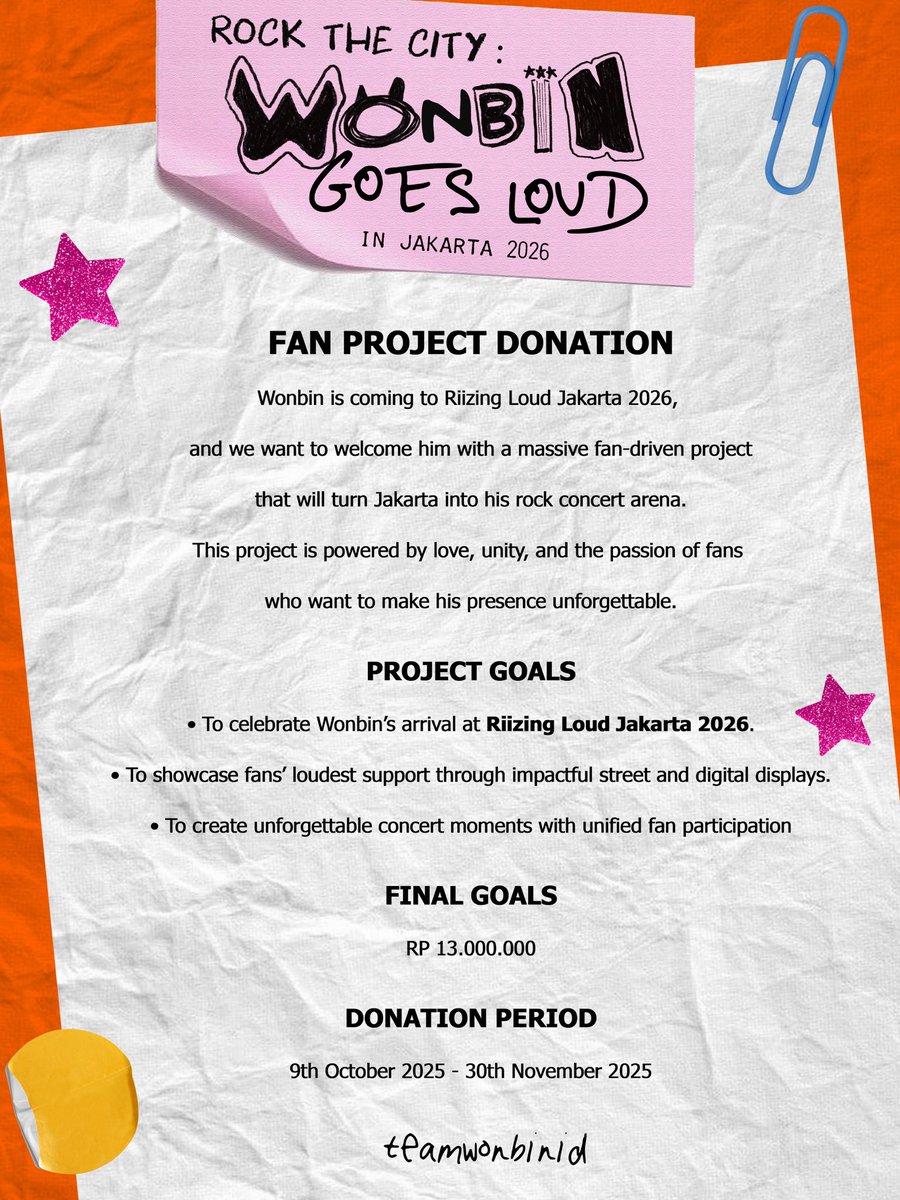 teamwonbinid's tweet image. 🎸 ROCK THE CITY : WONBIN GOES LOUD IN JAKARTA 2026 🎸

Jakarta’s about to get LOUD! Wonbin’s coming to RIizing Loud in Jakarta, and we’re turning the city into his stage🤘🏻💥

Let’s make the city roar for him and show the world how loud love can be🩷

Support our fan project +…