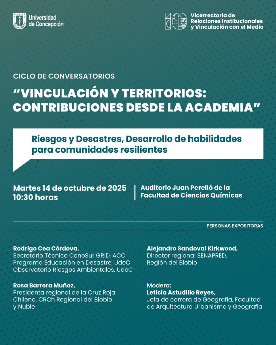 📌Les invitamos a un nuevo ciclo de conversatorios UdeC “Vinculación y territorios: Contribuciones desde la academia”

🌎 Tema: Riesgos y desastres, desarrollo de habilidades para comunidades resilientes.

📅 Martes 14 de octubre de 2025
🕥 10:30 horas