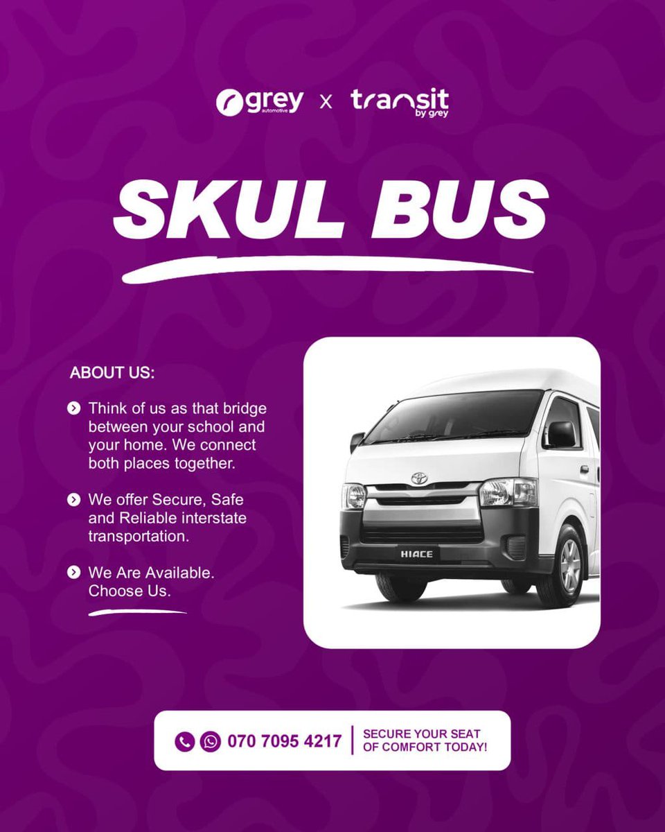 We also offer school bus services for private uni students. 

Lagos to Babcock 

Lagos to CU 

Lagos to Afe 

Lagos to lead city, etc etc. 

Very soon, we will include NYSC corpers 🤏