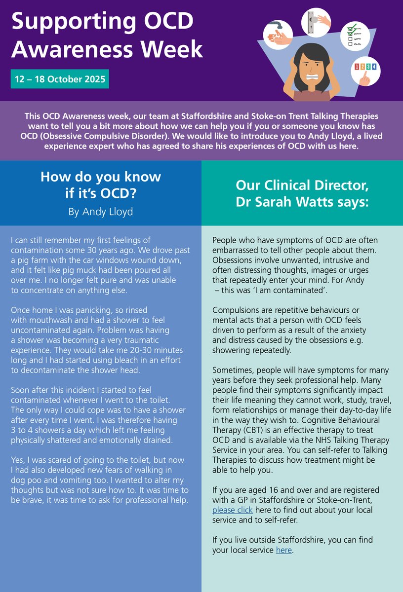 We are supporting #OCDAwarenessWeek Follow our blogs each day this week about what #OCD is and how therapy can help. If we can help you just call 0300 3030923. Don't suffer. Our service is confidential and free <a href="/ClinLeadWBM/">Sarah Watts</a> <a href="/mpftnhs/">Midlands Partnership University NHS FT</a> <a href="/CombinedNHS/">CombinedNHS</a> <a href="/BurtonMind/">Burton and District Mind</a> <a href="/StaffordshireCC/">Staffordshire County Council</a>